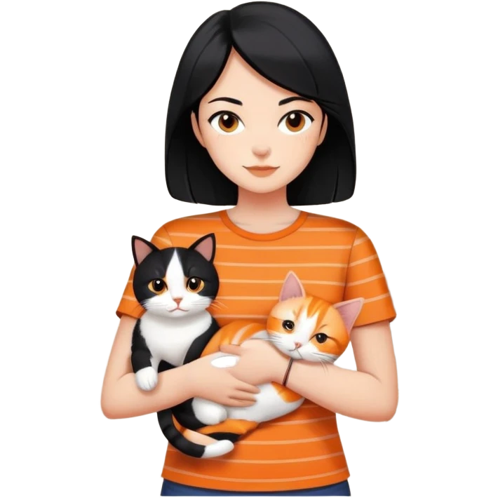 Shoulder length, black hair woman wearing short sleeves, holding an orange cat, with a orange cat with stripes, black and white cat and a calico cat surrounding her at home emoji