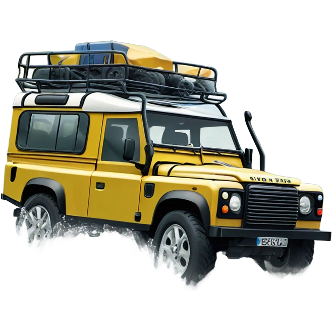 A four-wheel drive Land Rover crossing a shallow river in a rainforest, with trees in the background and splashing water, representing versatility and strength. emoji