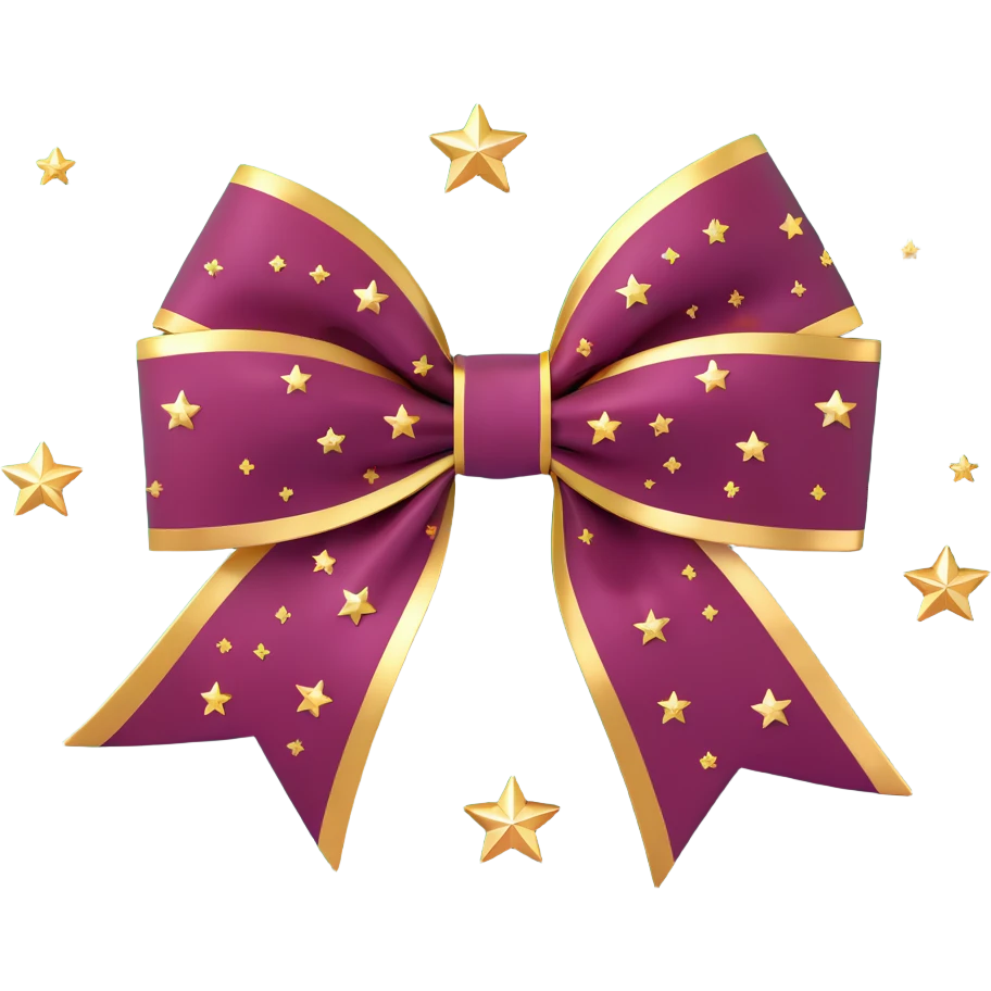 sparkly burgundy bow with gold outline and stars, metallic chrome shine emoji