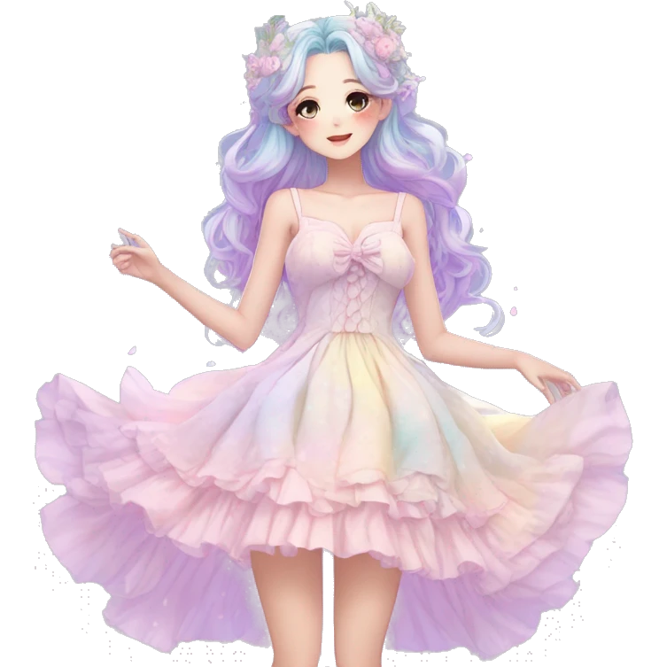 gorgeous pretty attractive anime lady beautiful pastel-gradient hair with a gorgeous dress fairycore cottagecore pastelcore detailed high quality trending VOGUE aesthetic full body emoji