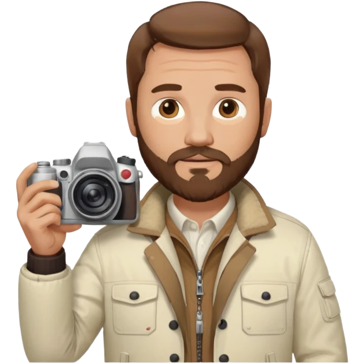 Middle-age male, brown beard and hair, holding camera, off white jacket
 emoji