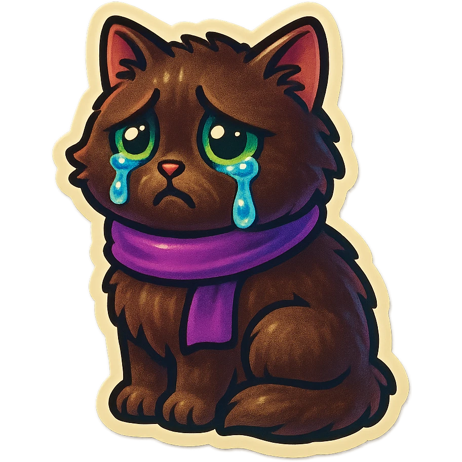 Fluffy sad crying cute dark-brown cat with green eyes and a purple scarf  emoji