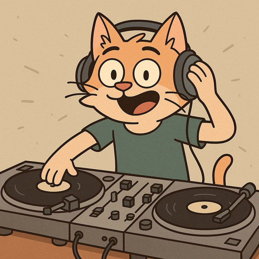 a cat DJ with turntables, energetic, cartoon style emoji