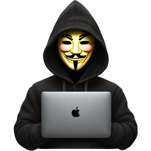 guy fawkes mask black hoodie typing on macbook emoji