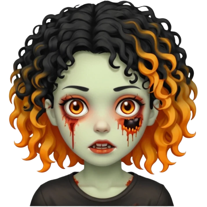 Faça uma garota zumbi de cabelo cacheado preto e uma mecha descolorida meio alaranjada do lado esquerdo emoji