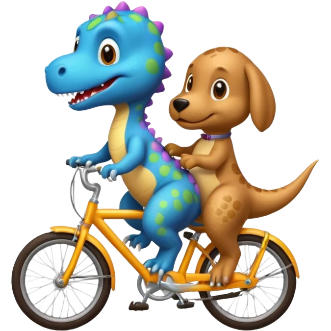 Baby dinosaur and  puppy riding a retro bike  emoji