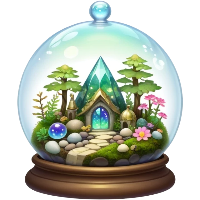 Sparkly shiny iridescent Mystical woodland glass-dome-terrarium-globe with moss inside, with marbles, with pebbles, crystals, with bones inside, and flowers inside  emoji