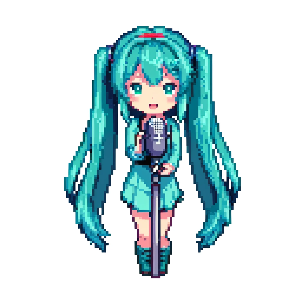 Hatsune Miku singing with a microphone, teal hair, pixel art character emoji