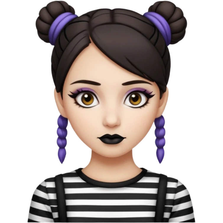 generate a pretty fair bratz girl with dark brown eyes. Dark brown hair straight hair with coloured highlights tied into buns.  eyeliner. black lipstick. Wearing a white and black striped top emoji