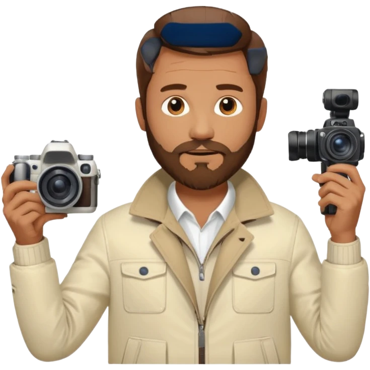 Middle-age male, brown beard and hair, holding camera, off white jacket
 emoji