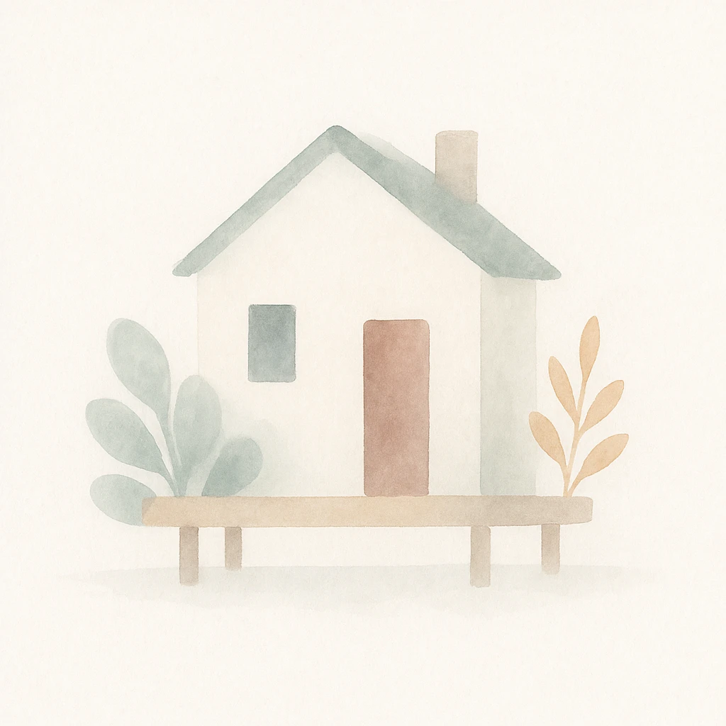 a house with a platform and plants, soft watercolor style emoji