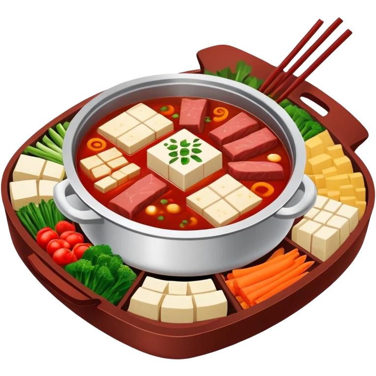 Chongqing Nine-grid Hot Pot with divided sections and spicy red broth, simplified emoji style with bold outlines and bright colors, cartoon style square Jiugongge Huoguo emoji