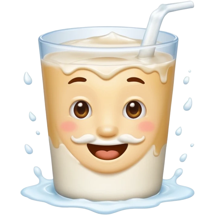 smiling face with milk mustache and splashes, cute and humorous, emoji style, suitable for emoji use emoji