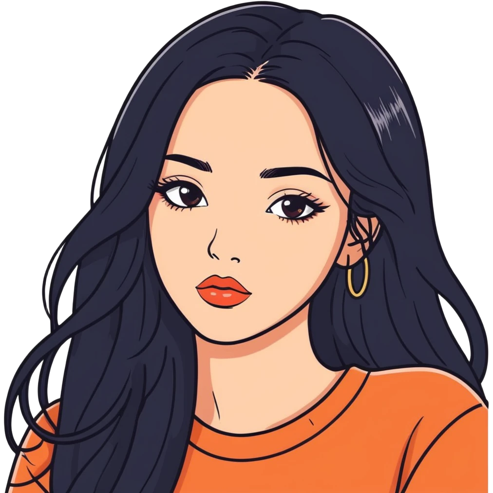 Girl, with long hair, black, and with foxy eyes with lip filler emoji