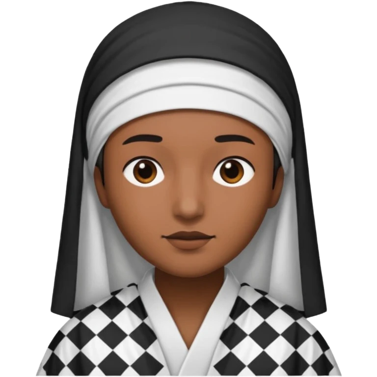 Una persona morena que solo se le vea la cara con una bata de arabe en la cara color blanco con cuadros negros en la cabeza  emoji