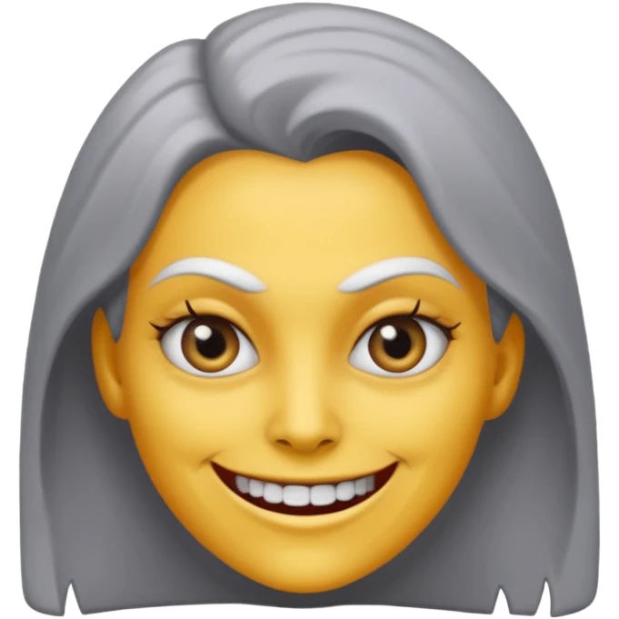 woman with gray skin and white blank eyes and a scary smile emoji
