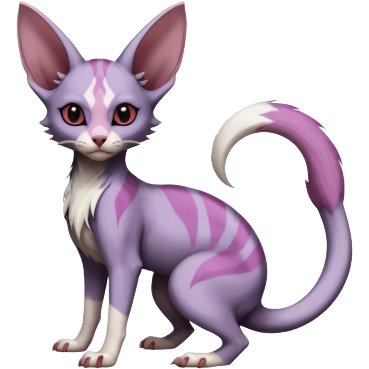 Furry, Purple, white, black, Minccino-Sphynx-Lykoi-Linoone-Zangoose-fusion-hybrid-animal-Fakémon-creature, full body, thin long sleek scaly tail, intricate markings emoji