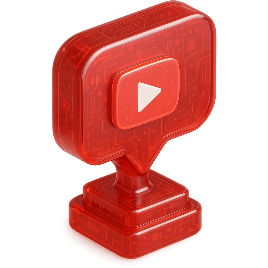 red speech bubble trophy with YouTube play button in center, glossy circuit style emoji