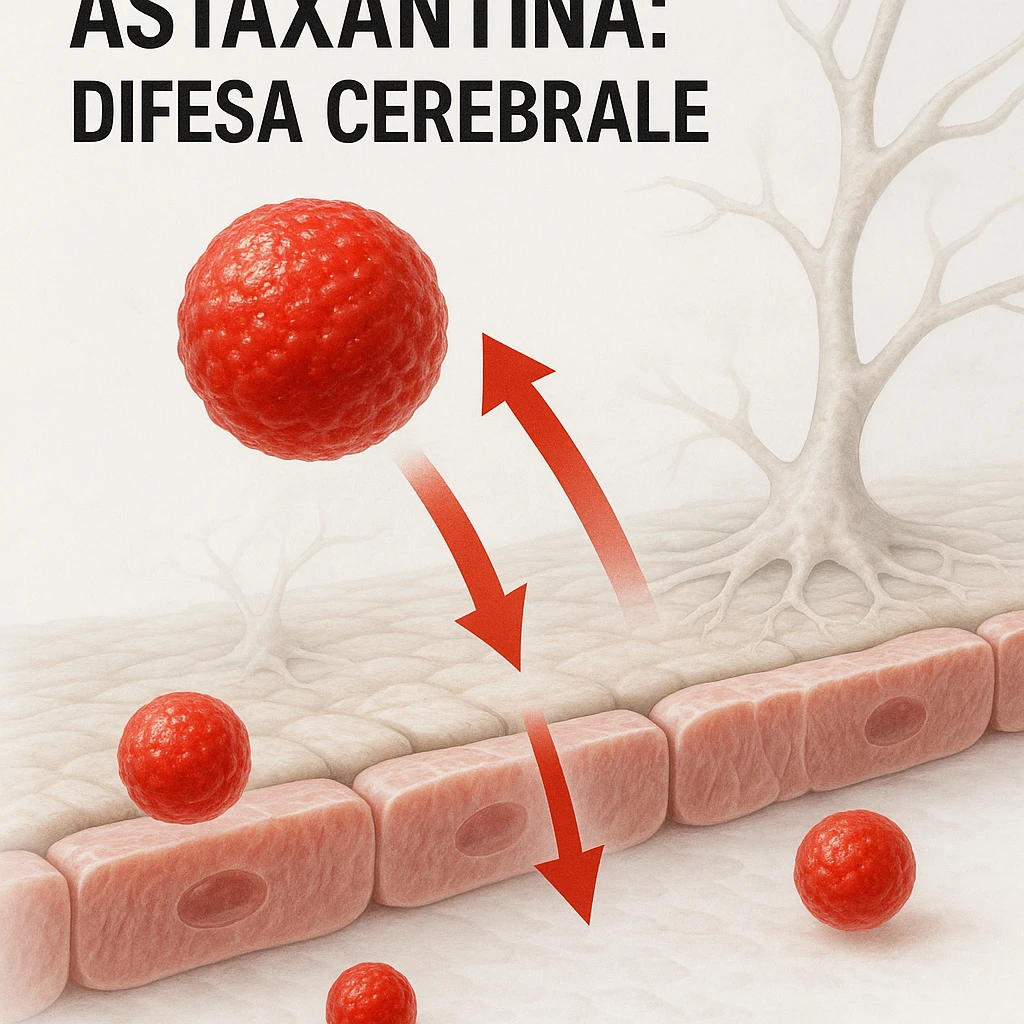 hyper realistic red astaxanthin molecule crossing a blood-brain barrier, clinical atmosphere, white background, red arrows indicating passage, with text 'Astaxantina: difesa cerebrale' emoji