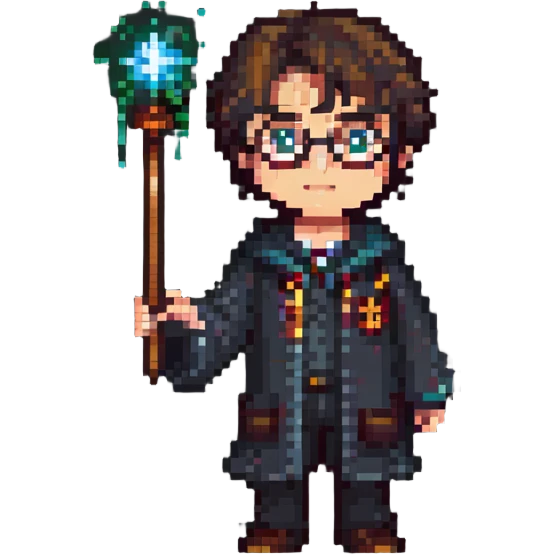 Harry Potter holding a magic wand in pixel art style emoji