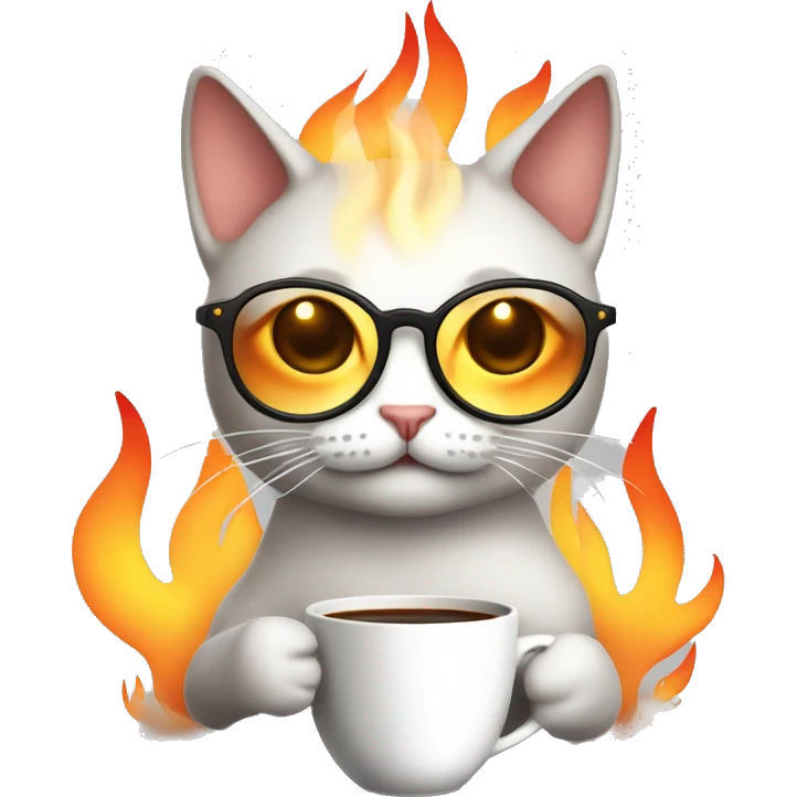 Illustrate a calm cat with glasses, holding a coffee cup, surrounded by flames. The cat has a relaxed expression with closed eyes, unfazed by the fire. emoji