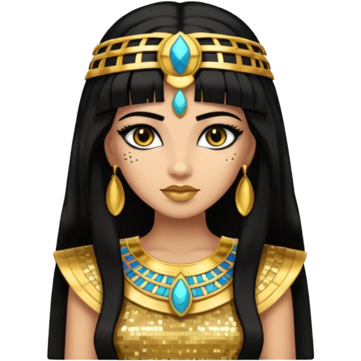 Cleopatra with long black hair, gold sequin outfit emoji