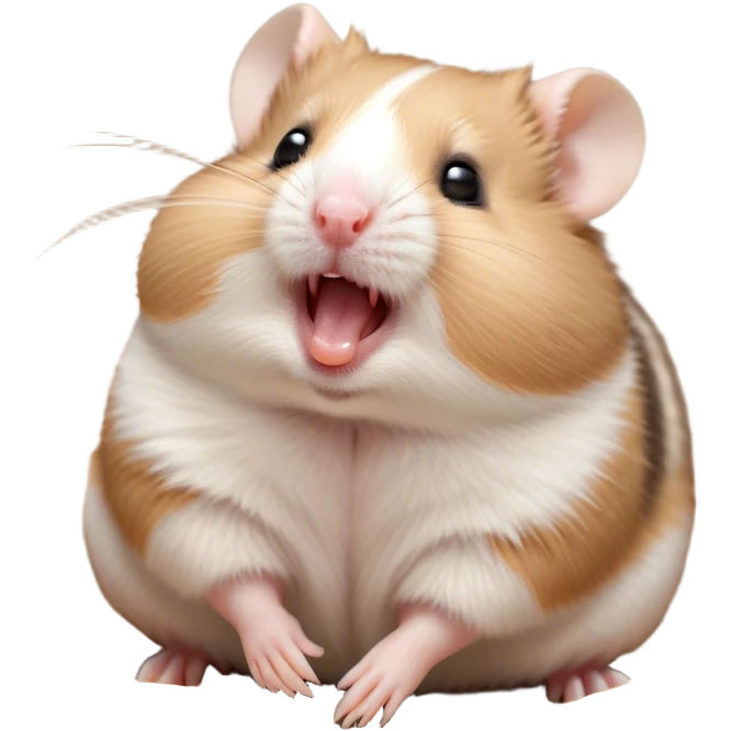 Cinematic Cute Yawning Brown and White Banded Hamster Portrait Emoji, Head tilted slightly with a dramatic, wide-open yawn, revealing a soft, banded fur of brown and white with tiny droopy ears, round dark eyes barely open in drowsy contentment, Simplified yet irresistibly adorable features, highly detailed, glowing with a soft, cozy glow, high shine, relaxed yet expressive, stylized with a touch of whimsy, bright and endearing, soft glowing outline, capturing the essence of a sleepy yet affectionate hamster, so drowsy it feels like it could stretch out of the screen and curl up for a nap! emoji