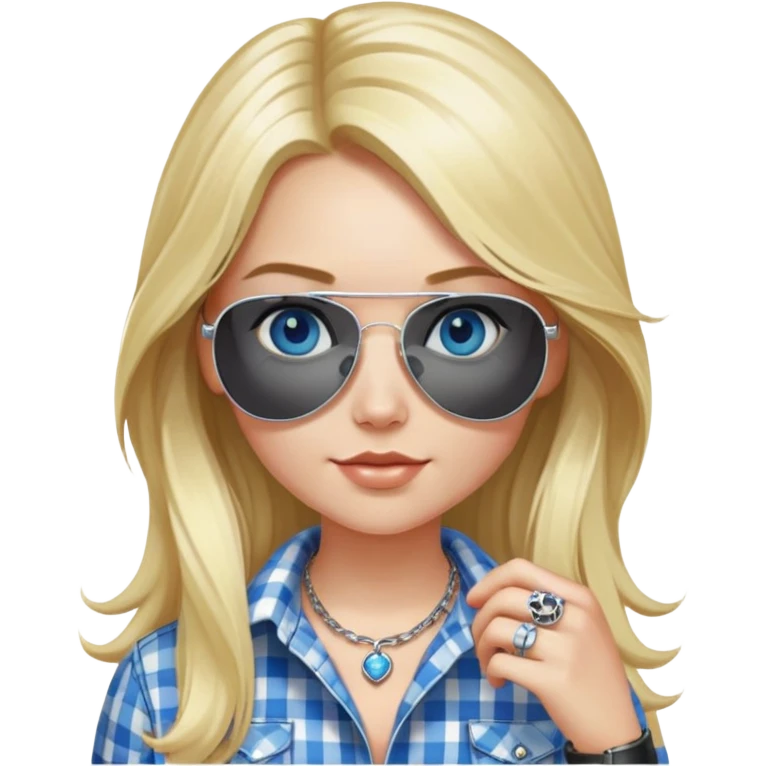 girl with long blond hair, wearing black and white plaid shirt with blue eyes and aviator sunglasses wearing a ring on her silver necklace emoji