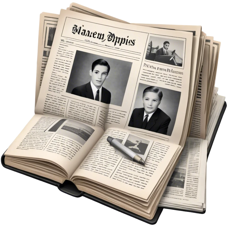 Icon for Non-Fiction & Narrative Reading: an open book with black-and-white photos on the pages, surrounded by a pile of newspaper clippings, and an open folder with top-secret documents. The icon should reflect the blend of real stories and facts in non-fiction literature. Transparent background. emoji