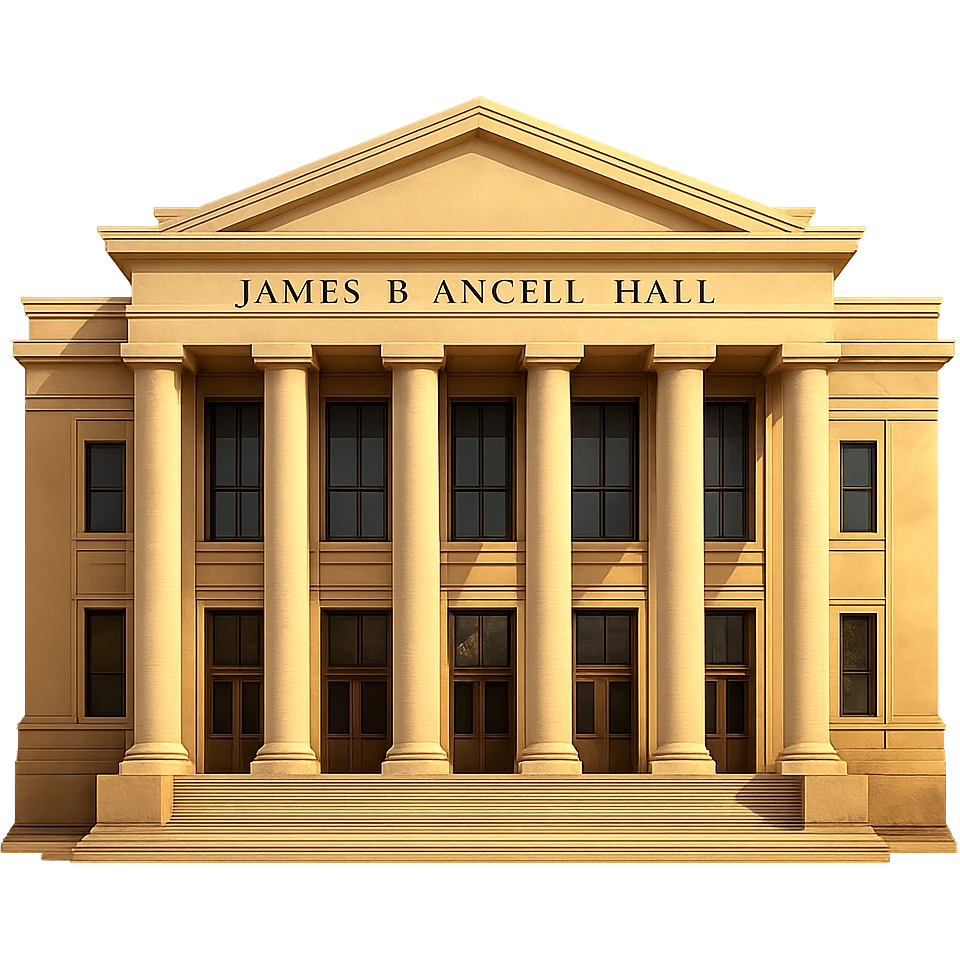 cinematic, realistic emoji of James B. Angell Hall at the University of Michigan in Ann Arbor, straight-on perspective, featuring its iconic neoclassical architecture with tall columns, lifelike detail, bright regal lighting as on a sunny day, accurate building colors, transparent background emoji