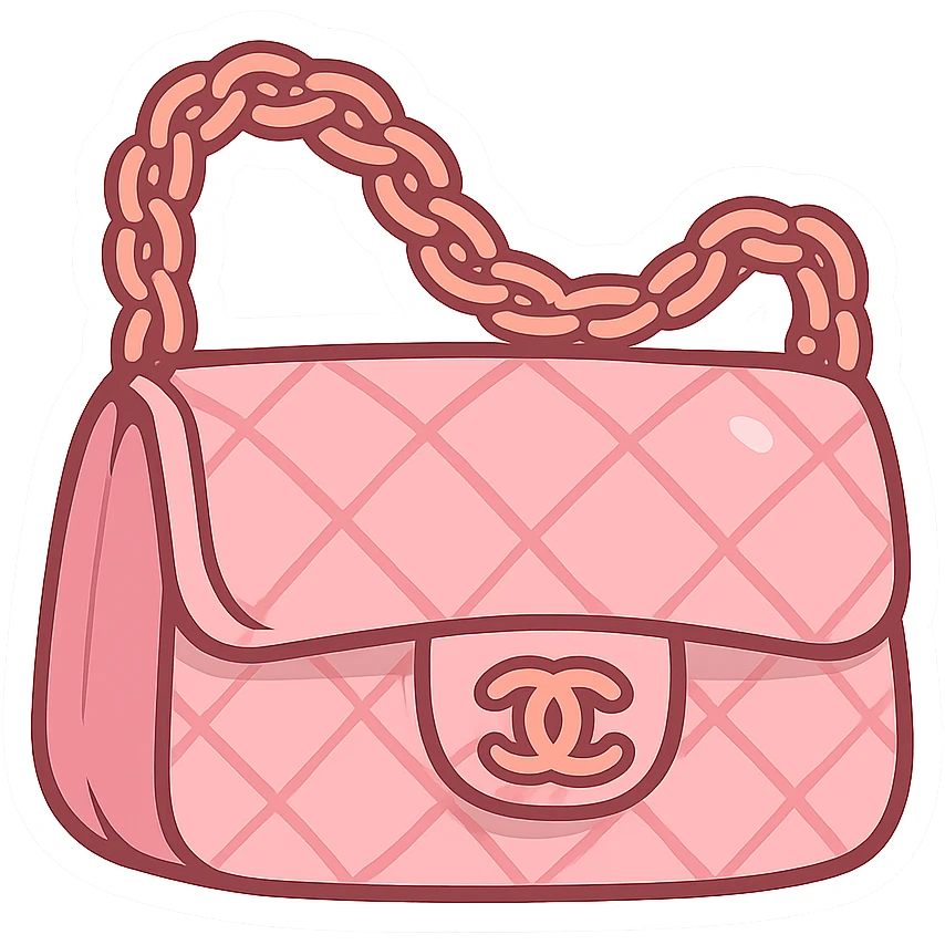 pink Chanel purse with a chain strap, cute and exaggerated, chibi stickers style emoji