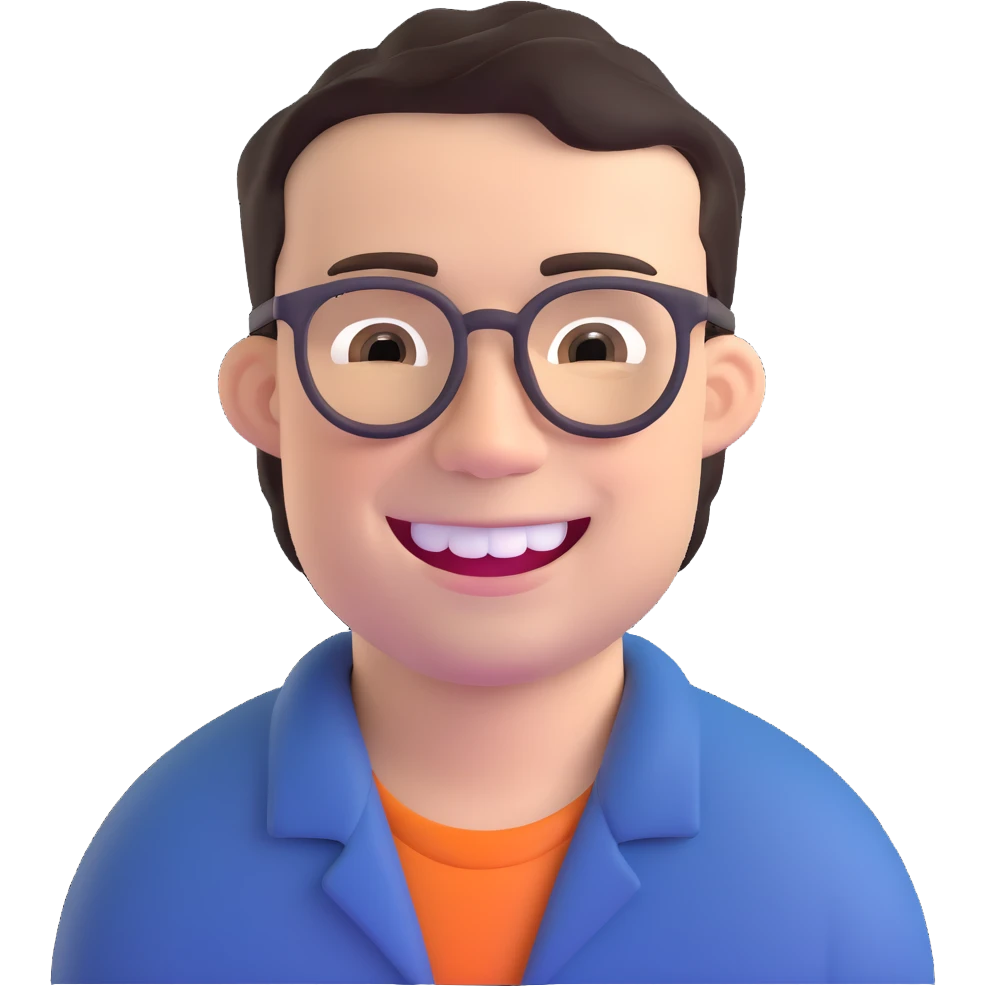 smiling dark-haired man with glasses, big teeth, standard male haircut, rural farmer emoji