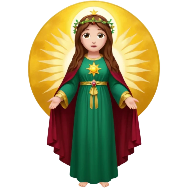 fullbody Virgin Mary back view long brown hair visible emerald green robe with gold stars burgundy red dress halo above head standing before a large sun roses on the sides emoji