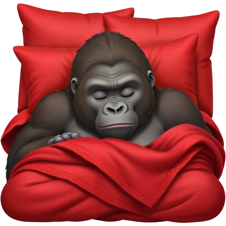 Gorilla sleeping in bed with red blanket, very comfy  emoji
