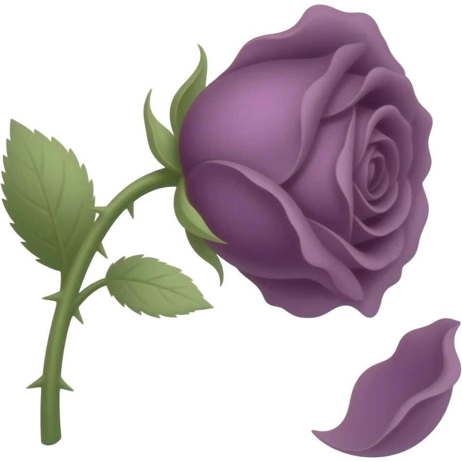 small wilting purple rose emoji with stem and leaves and thorns darker violet purple with falling petal(s) facing upright emoji