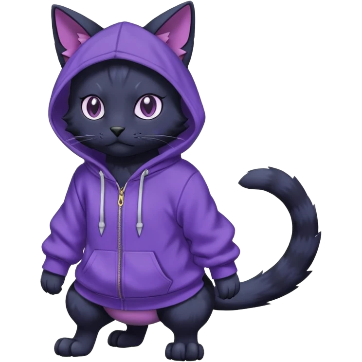 Black cat-garurumon-purloin-feline-Fakemon-Digimon-creature wearing a violet hoodie fursona (full body)  emoji