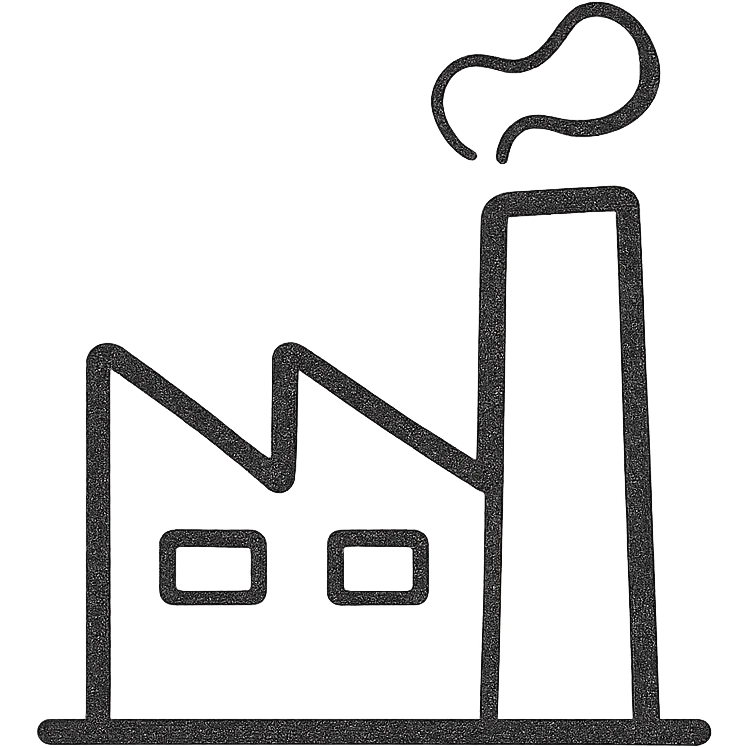A minimalist line drawing of a factory with clean, simple lines and a monochromatic color scheme. The factory should have a modern and sleek design, focusing on the essential structures without additional details. emoji