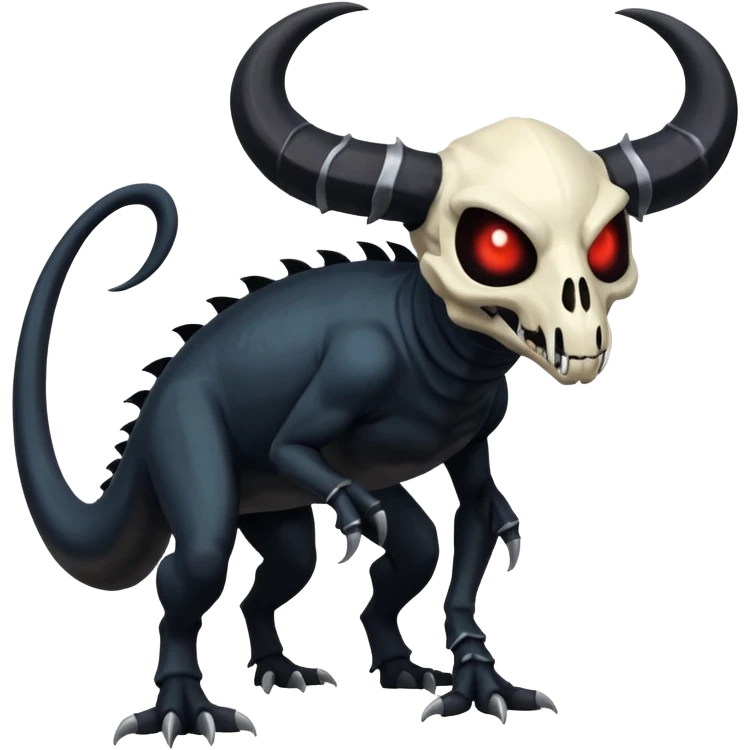 Shiny Dark Edgy  Duskull-Salandit-Inteleon-Amaura-Fakémon-hybrid-creature (full body) with a horned animal-skull-mask emoji