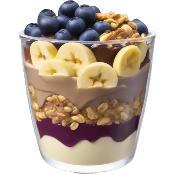 Açai bowl in a cup with layers of peanut butter, cashew nuts, granola, condensed milk, Banana and blueberrys emoji