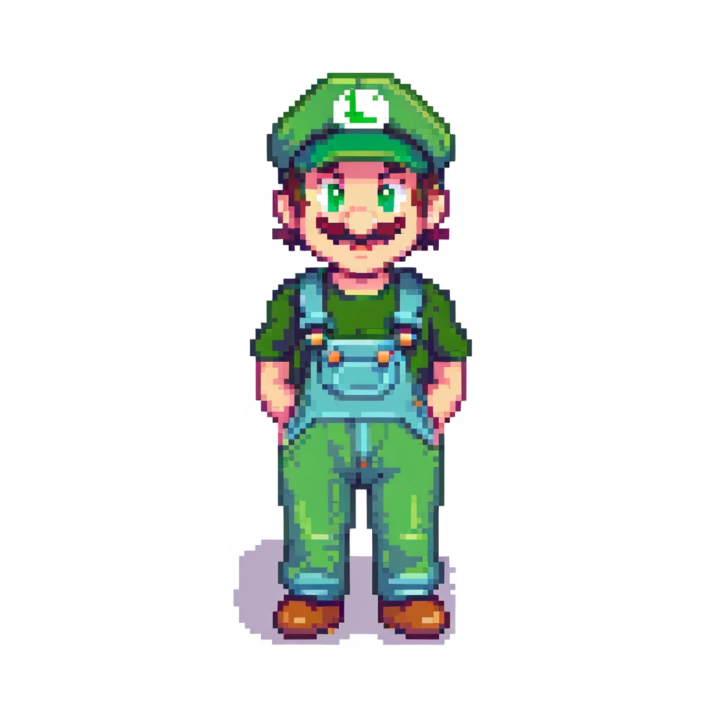 Luigi character in classic green hat and overalls, pixel art style emoji
