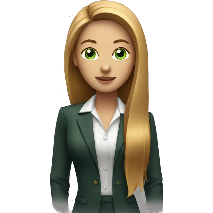 executive woman, long straight golden brown hair, green eyes, heart shaped face emoji