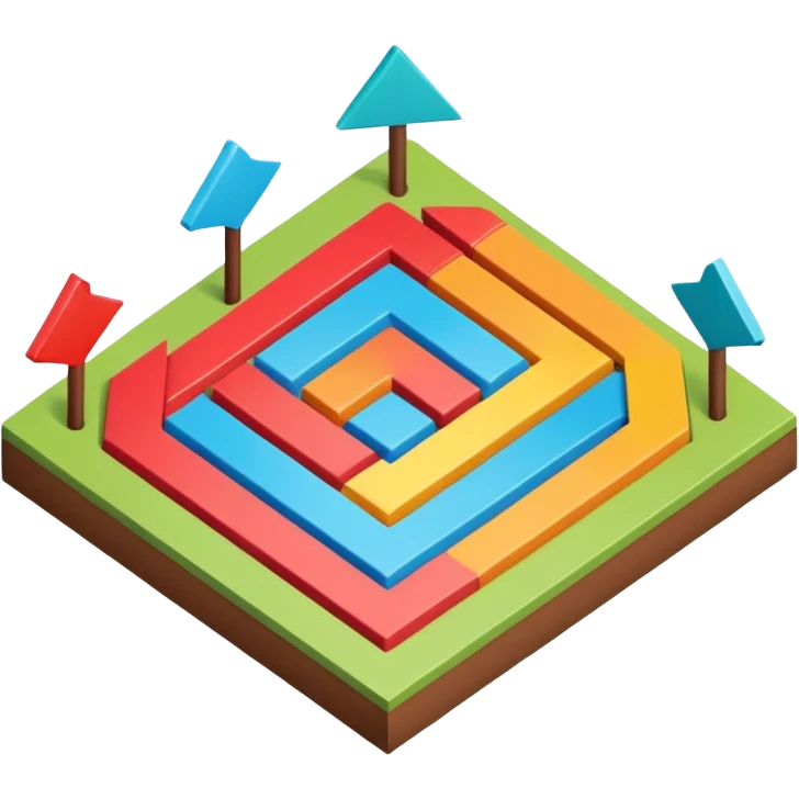an isometric field with multi-colored tiles and directional arrows emoji