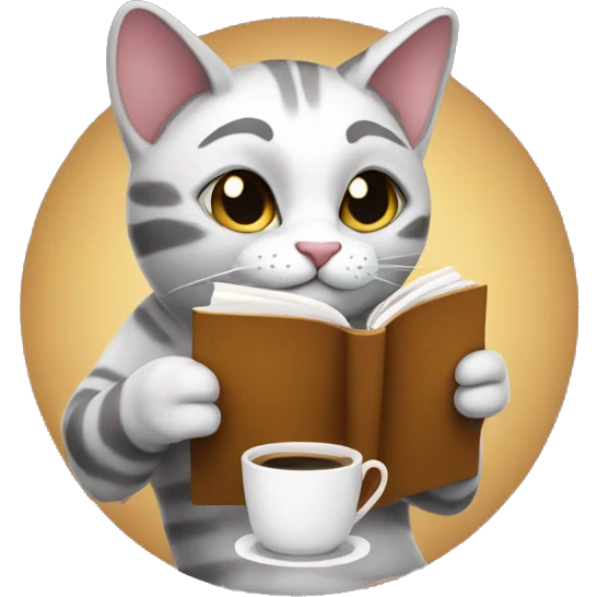 cat holding a cup of coffee and reading a book emoji