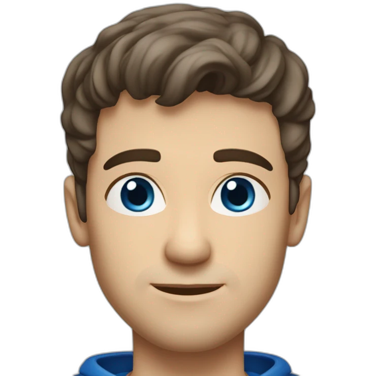 blue eyed, good looking Caucasian, athletic male with dark brown clean cut hair, wearing a blue sweatshirt emoji