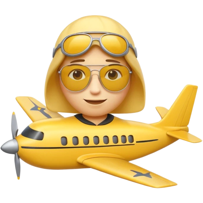 A 3D Apple-style yellow emoji character, classic round shape, wearing pilot-style sunglasses, arms crossed, small smile, a miniature airplane icon floating above its head, symbolizing “airplane mode,” clean cartoonish style, simple background. emoji
