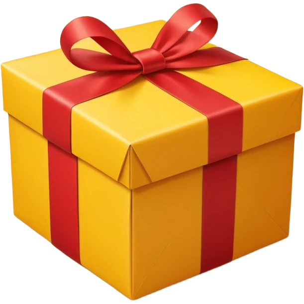 box with yellow wrapping paper and a length of red ribbon surrounding it on the ground so you can see most of the box emoji