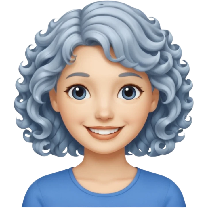 silver, short, wavy-haired with curls, smiling pretty lady, blue top,

 emoji