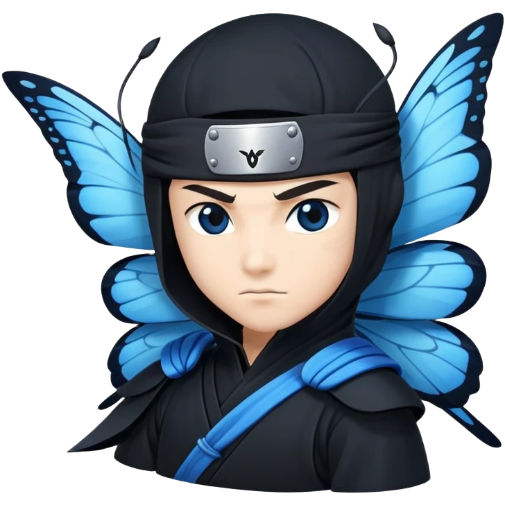 Crea un emoji para usar en WhatsApp con estos dos emoji 🥷🏻🦋.
Ninja vestido de negro con la piel blanca con una mariposa azul posada en el hombro como si estuviera volando. emoji