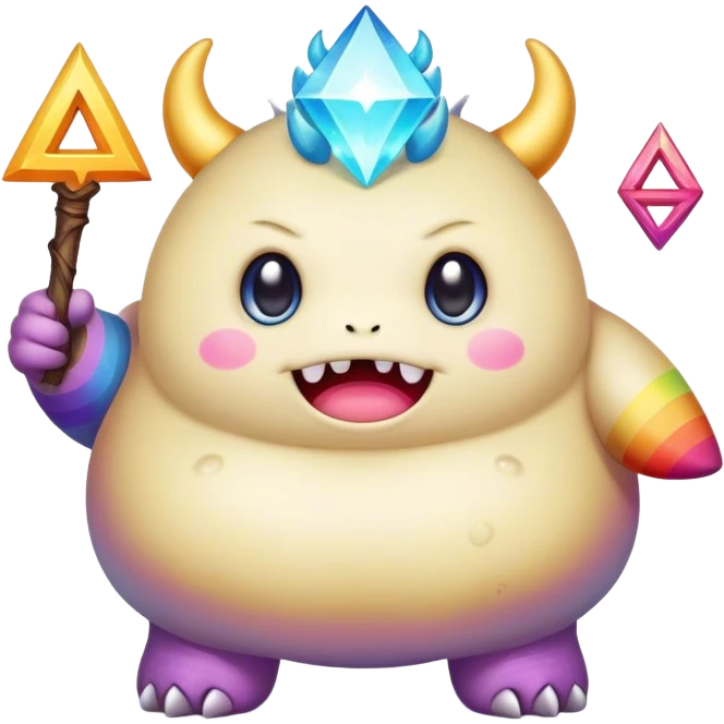 Kawaii derpy fat rainbow monster surrounded by magic runes, rich textures, visually rich, so lifelike that it feels like it could leap off the page at any moment emoji