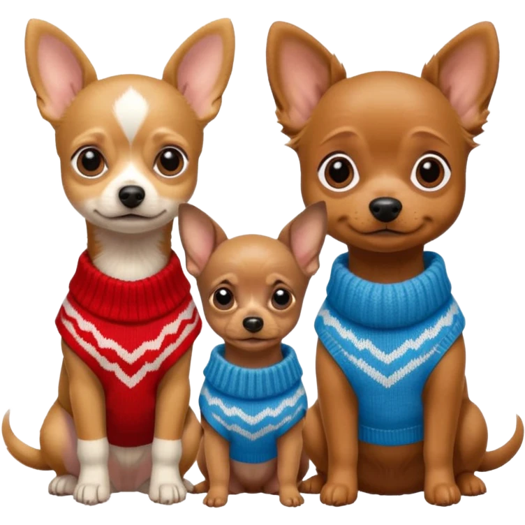 Cagnolini piccoli seduti un chiuaua un Bassotto e un Yorkshire con vestitini in maglia emoji